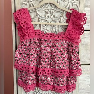 Anthropologie Pink Eyelet Tiered Floral Camisole